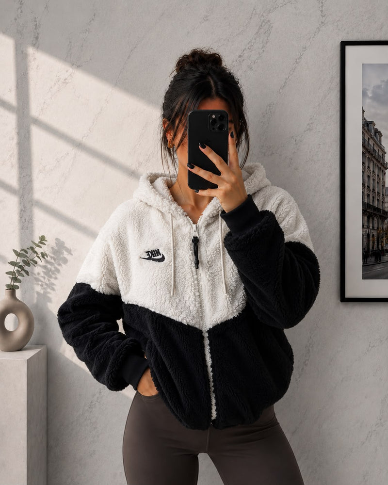 Nike Sherpa Full Zip Color Block Bianco e Nero – Taglia S