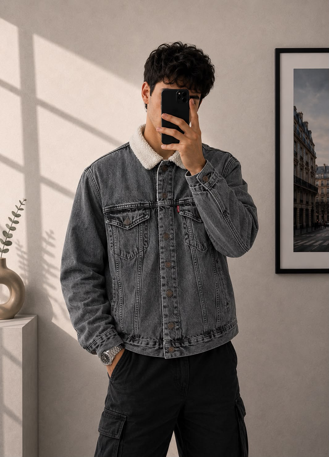 Levi’s Sherpa Denim Jacket Grigio Washed – Taglia L
