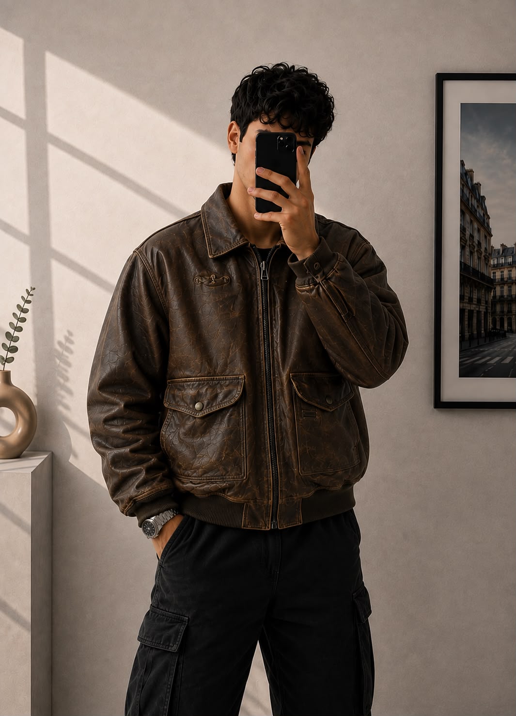 Giacca in Pelle Vintage Marrone Bomber Old Style – Taglia M