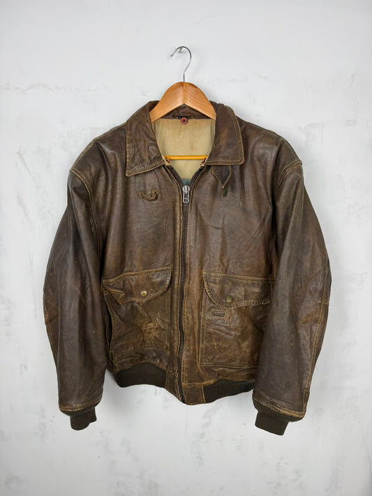 Giacca in Pelle Vintage Marrone Bomber Old Style – Taglia M