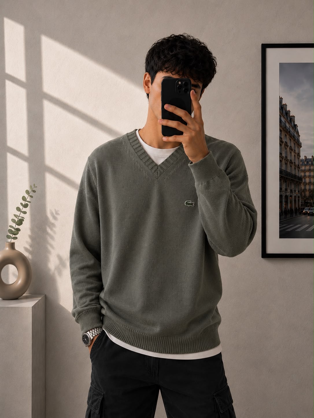 Lacoste V-Neck Pullover Verde Oliva – Taglia M Over