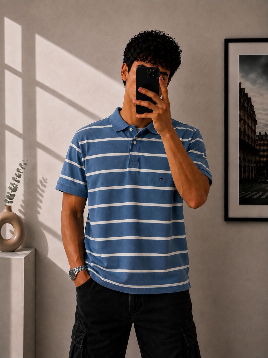 Tommy Hilfiger Polo a Righe Celeste Polvere e Bianche – L
