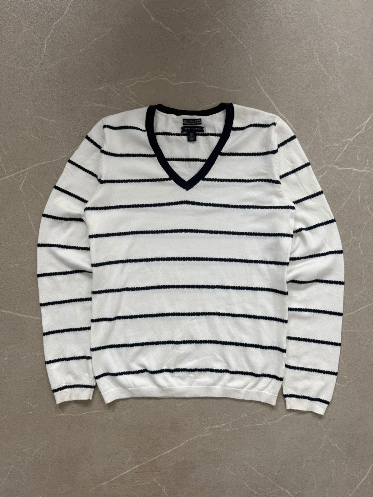 Tommy Hilfiger Maglione a Righe Bianco e Blu Navy – S