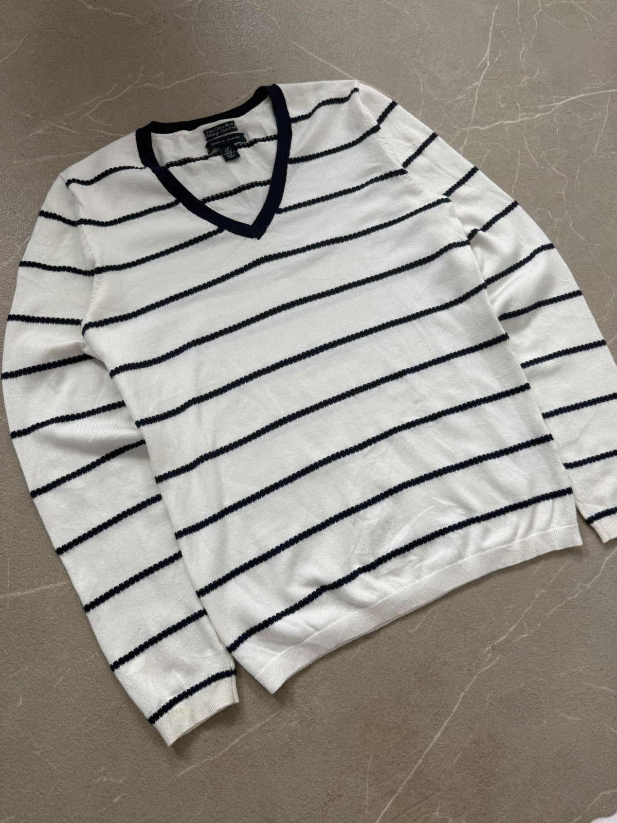 Tommy Hilfiger Maglione a Righe Bianco e Blu Navy – S