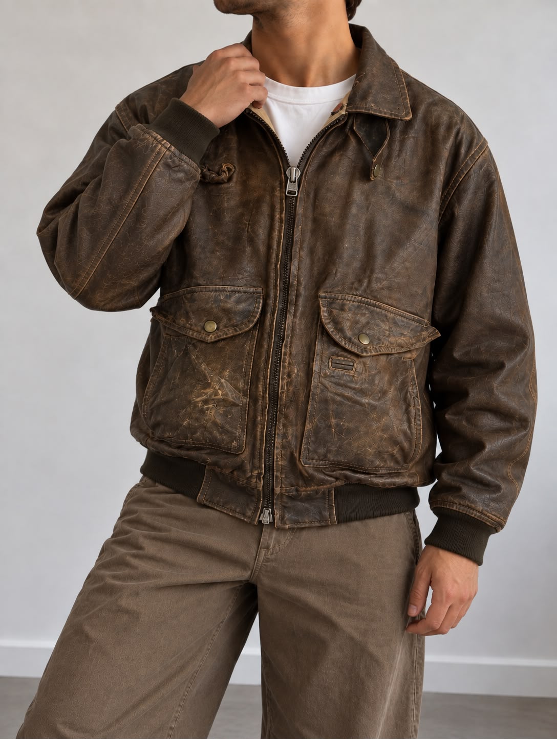 Giacca in Pelle Vintage Marrone Bomber Old Style – Taglia M