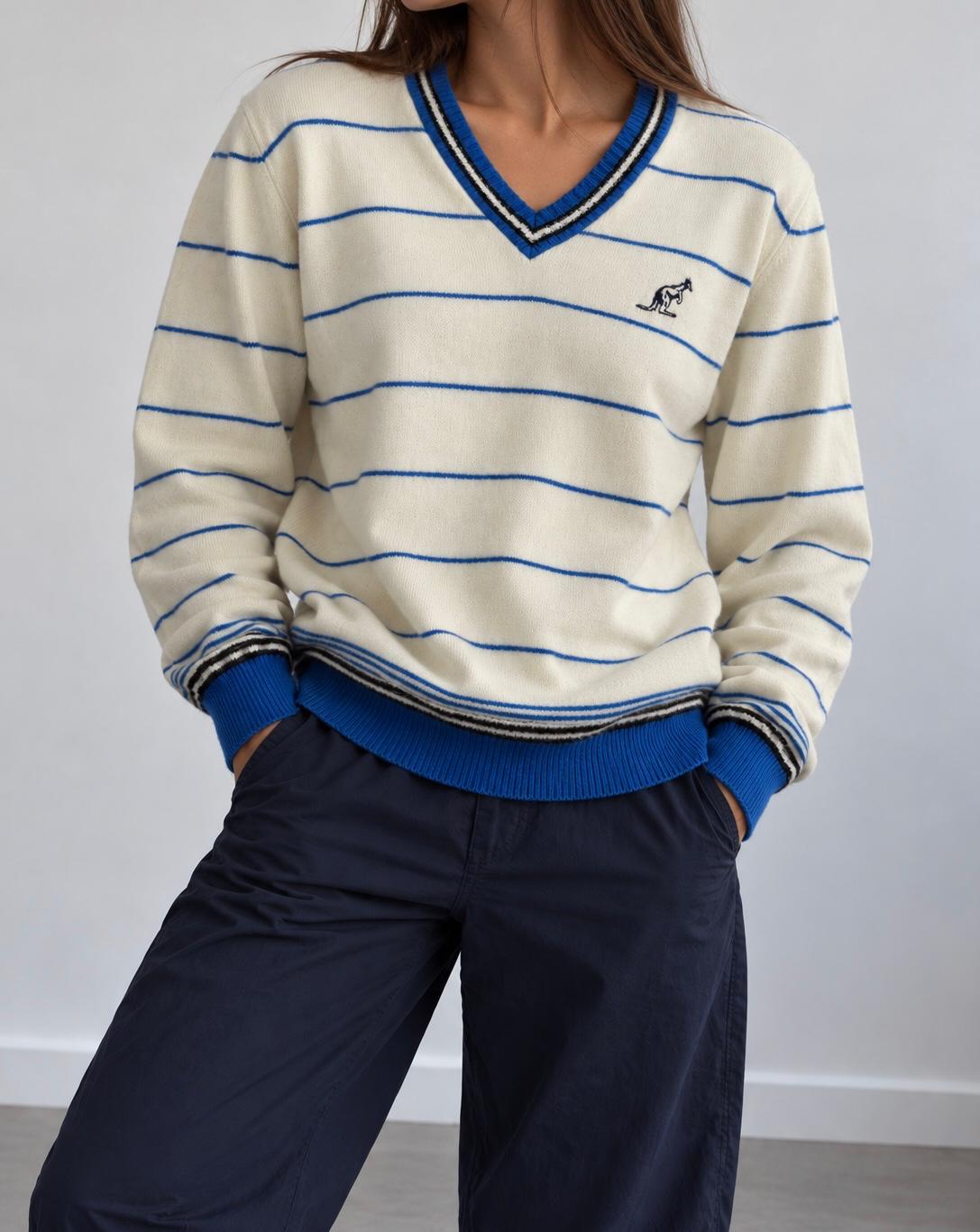 Australian Striped V-Neck Knit Sweater –  L/XL