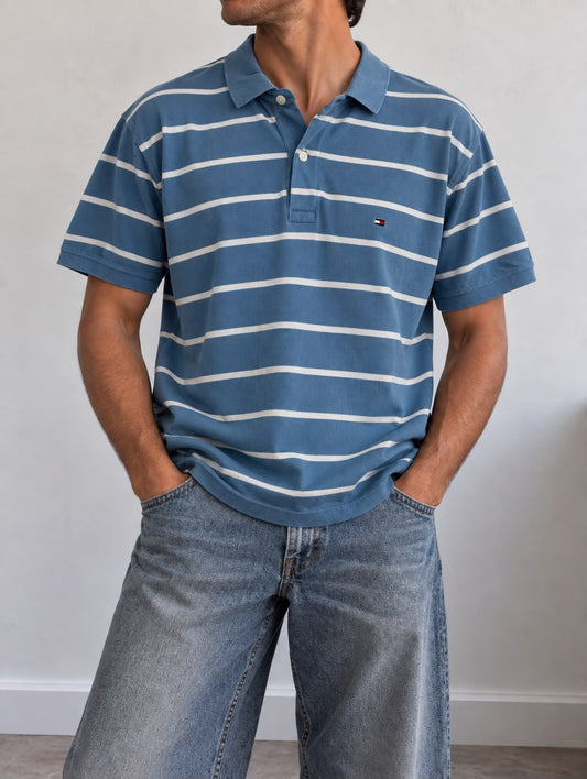 Tommy Hilfiger Polo a Righe Celeste Polvere e Bianche – L